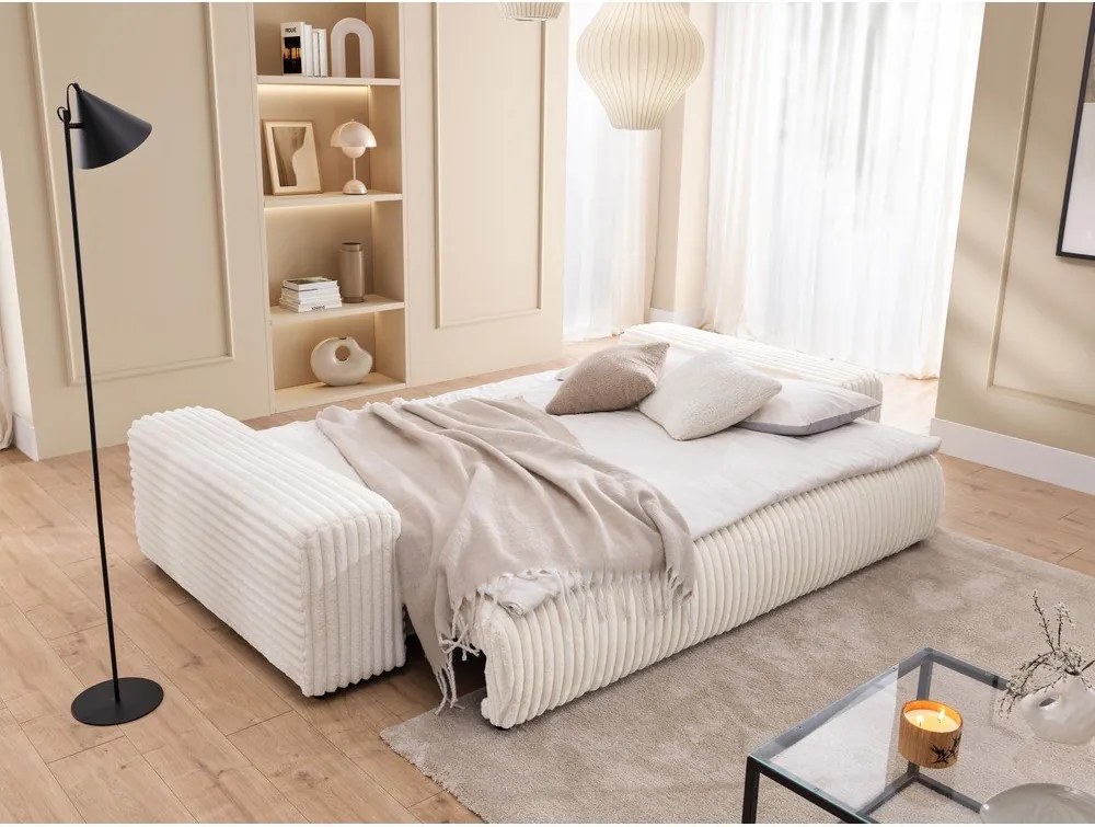 Krémszínű kordbársony kinyitható-tárolóhelyes kanapé 260 cm Justin – Ropez