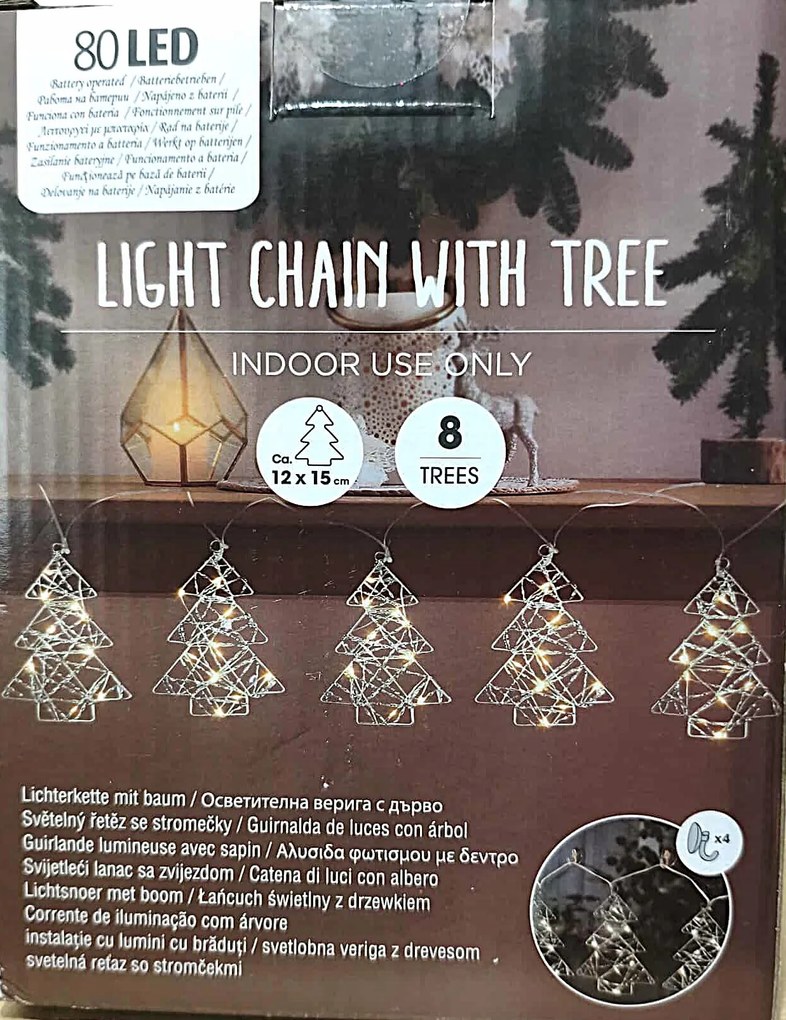 Láncfüzér 8 db világító ezüst karácsonyfával 205 cm 80 Led Outlet