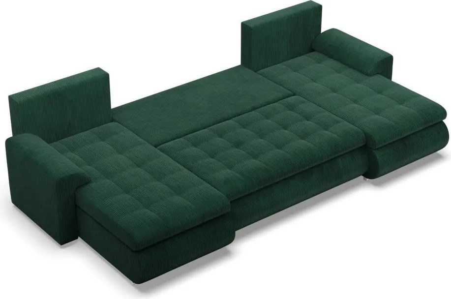 Tokio U alakú sarokkanapé, 3 ágyneműtartóval, kordbársony, univerzális oldal, zöld