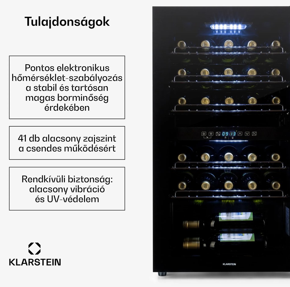 Klarstein Shiraz 29 Duo, borhűtő, 80 liter, 29 palack, 2 zóna, 5 - 22 °C, érintős, fekete
