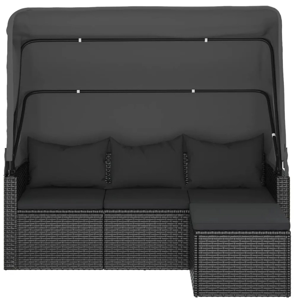 3-személyes fekete polyrattan kanapé tetővel és lábtartóval