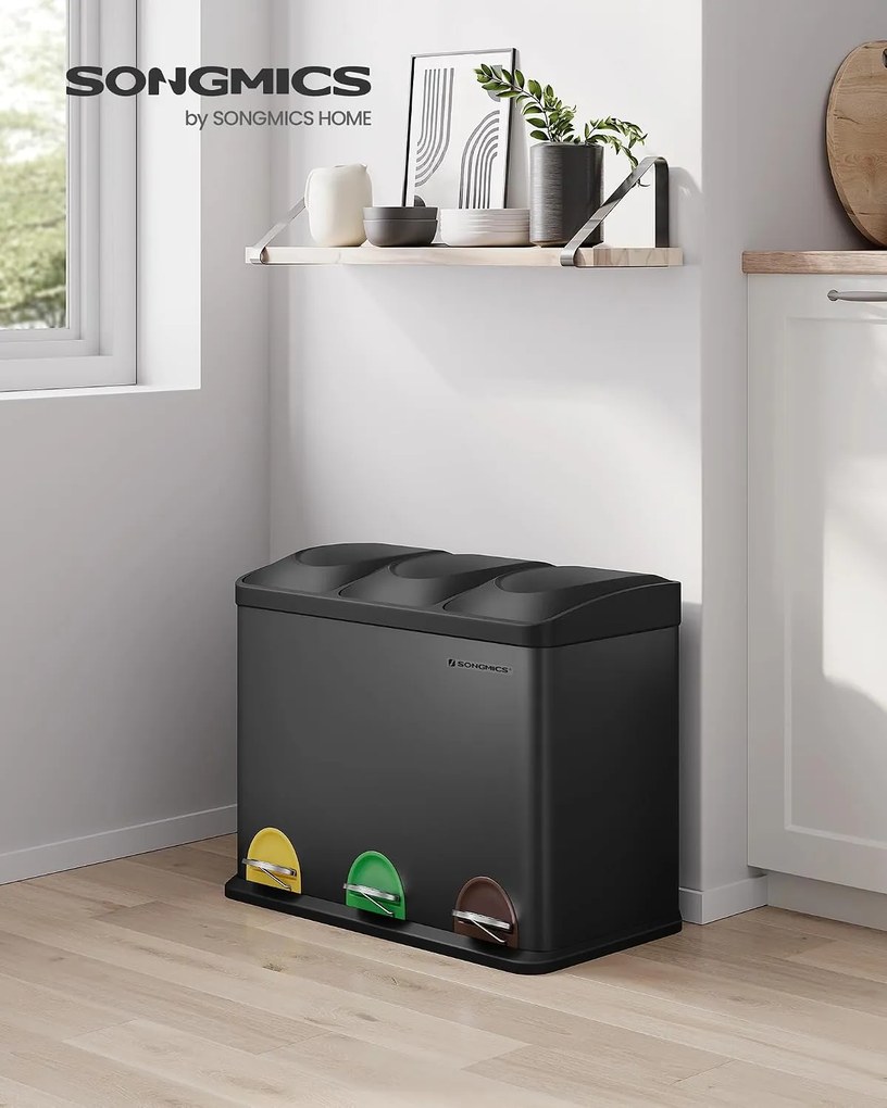 SONGMICS 3 rekeszes pedálos szelektív szemetes, 45 L (3 x 15 L), tintafekete