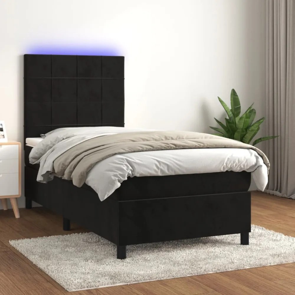 fekete bársony rugós és LED-es ágy matraccal 90x190 cm