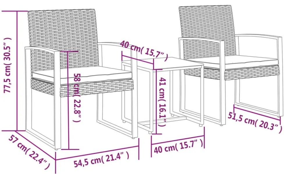 3 részes sötétszürke polyrattan kerti étkezőgarnitúra párnákkal