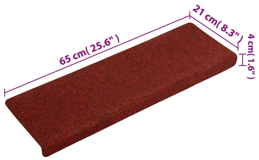 15 db tűvel lyuggatott piros szövet lépcsőszőnyeg 65x21x4 cm
