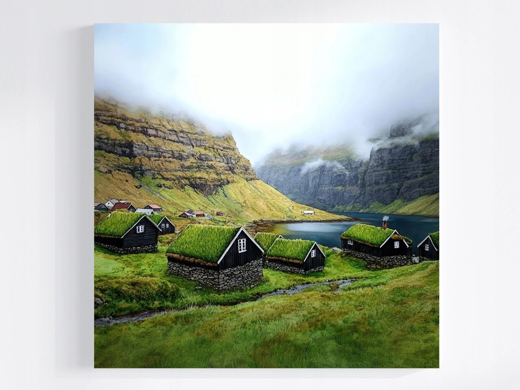 Vászonkép Canvas Tájkép Feröer-szigetek Hegyek Sziklák Házak Település 80x80