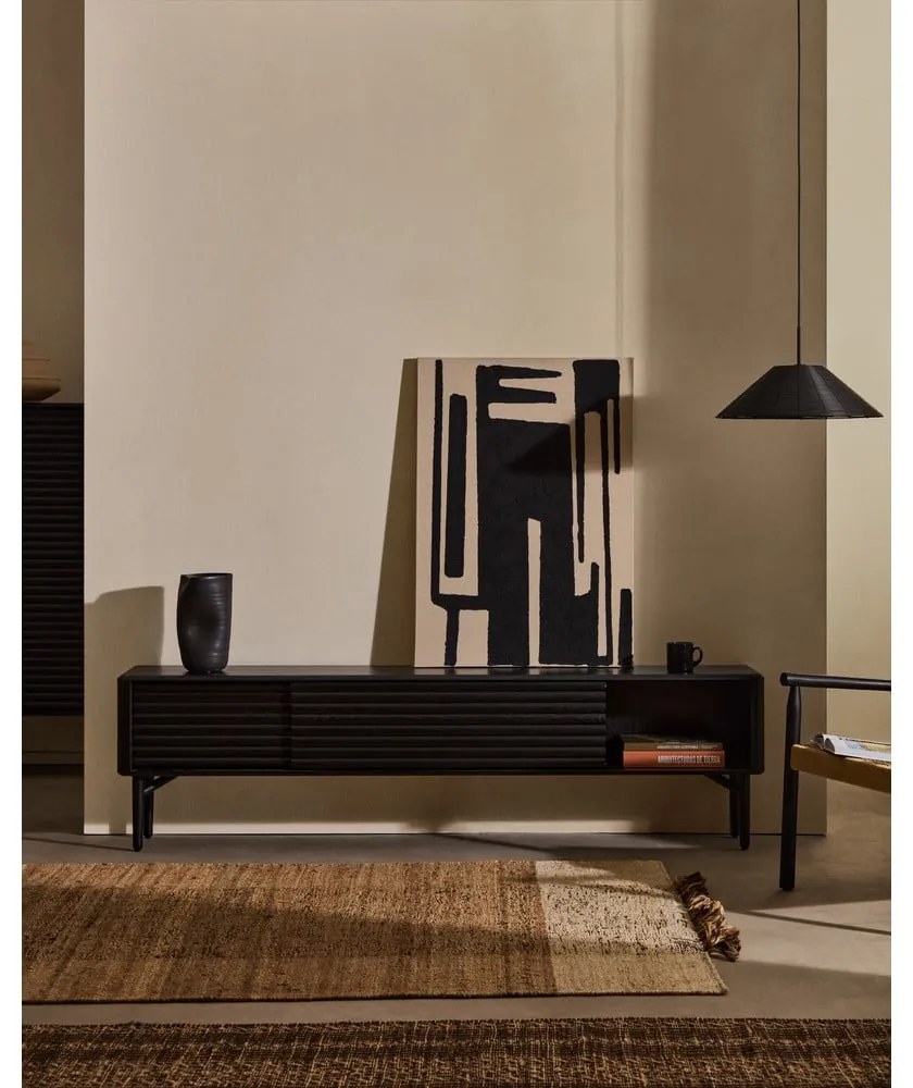 Fekete TV-állvány tölgyfa dekorral 200x57x35 cm Lenon – Kave Home