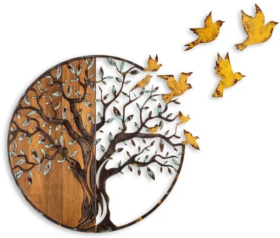 Fali dekoráció 92x71 cm fa/fém fa és madarak motívummal