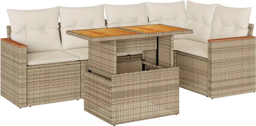 vidaXL 6 részes bézs polyrattan akácfa kerti ülőgarnitúra párnával