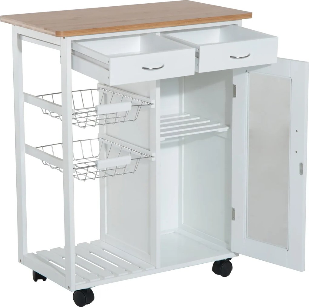 HOMCOM Konyhai Kocsi Többcélú Kiszolgáló Kocsi Polckocsi Kerekekkel Fürdőszobába Hálószobába Polcokkal Kosarakkal Fiókokkal 70x37x85 cm Fa | Aosom