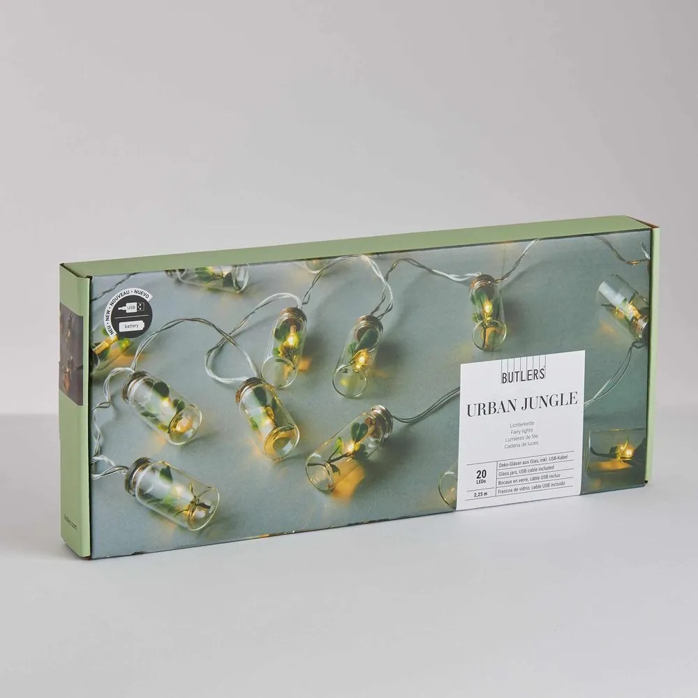 URBAN JUNGLE égősor USB kábellel, befőttes üveg / levél 20 égő