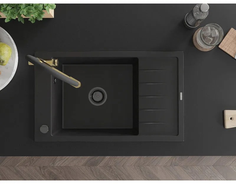 Mexen Elias, 1 kamrás gránit mosogató 795x480x200 mm és Duo mosogató csaptelep, fekete, 6511-77-671701-57-B