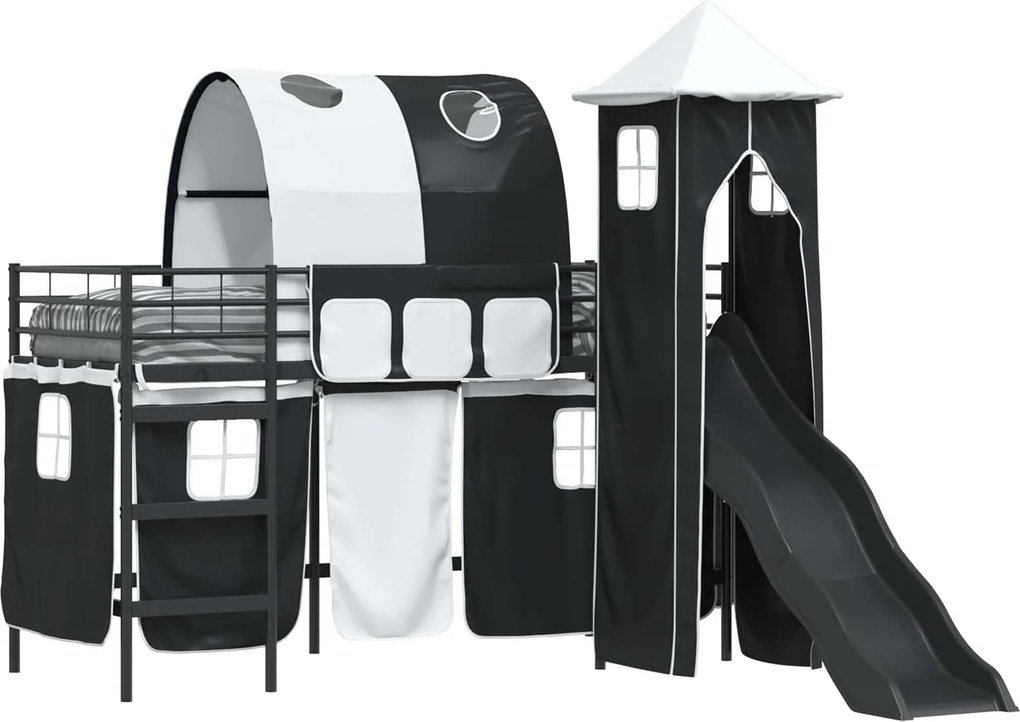 vidaXL Gyerekek Loft Ágykerete Fekete 90 x 190 cm Fém