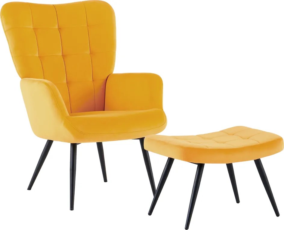 Fotel lábtartóval, sárga Velvet szövet/fekete, HABEN