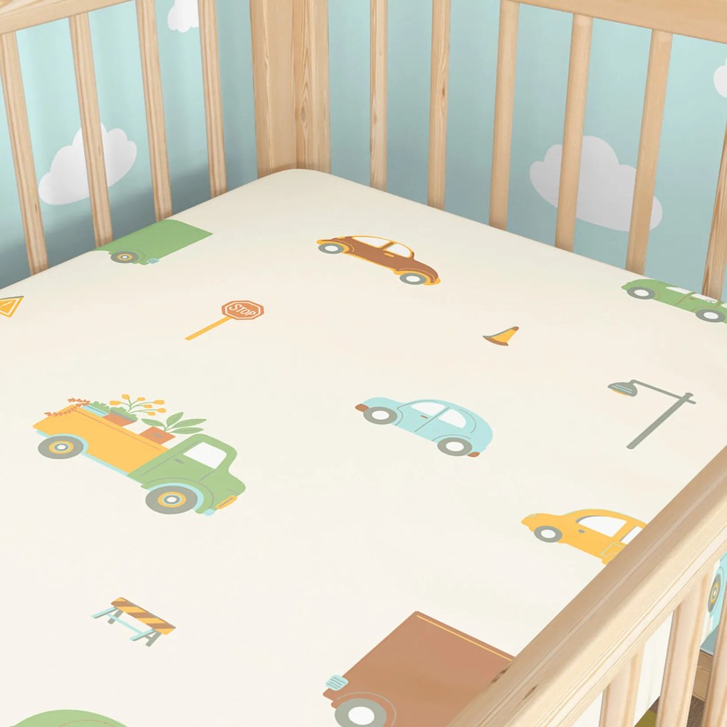Goldea gyermek gumis pamut lepedő kiságyba - az autók világa 70 x 140 cm
