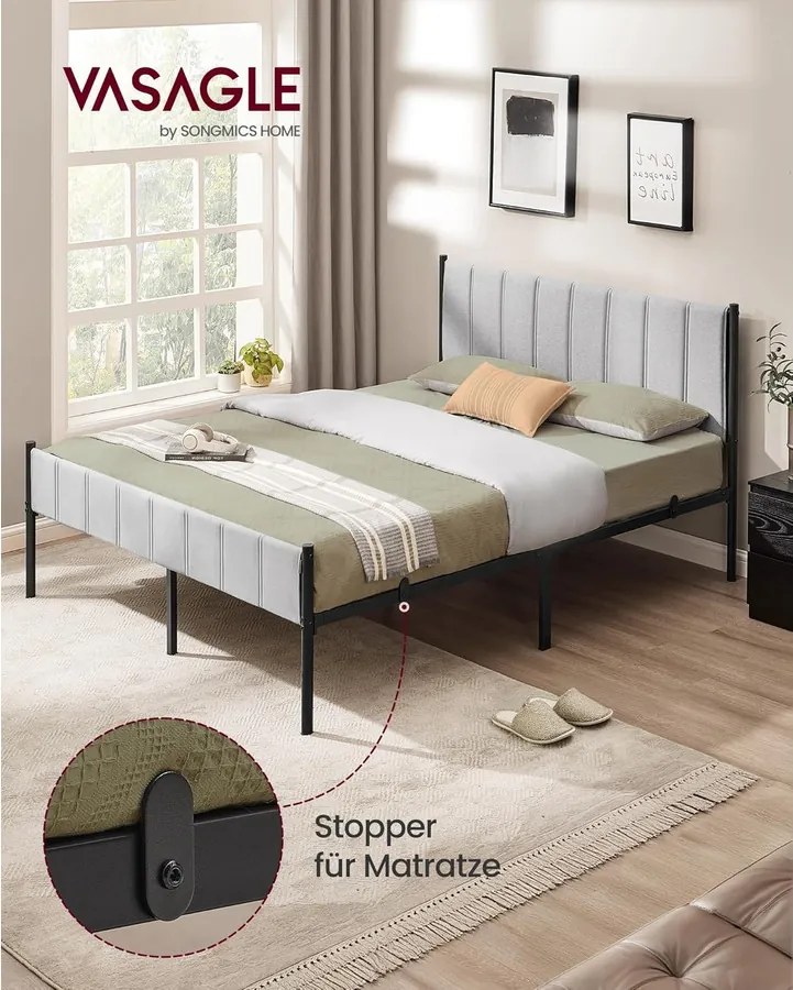 Franciaágy keret 160 x 200 cm, kárpitozott fejtámlával, acél keret, szürke