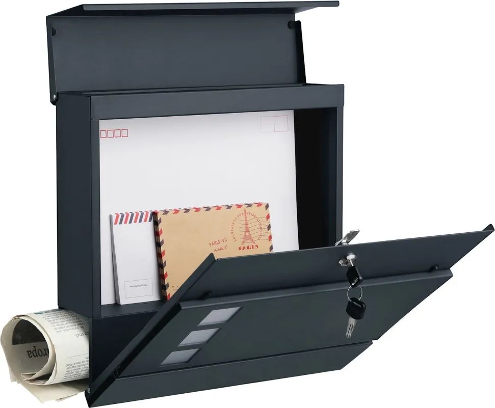 Zárható postaláda újságtartóval, falra, kerítésre szerelhető, antricit szürke