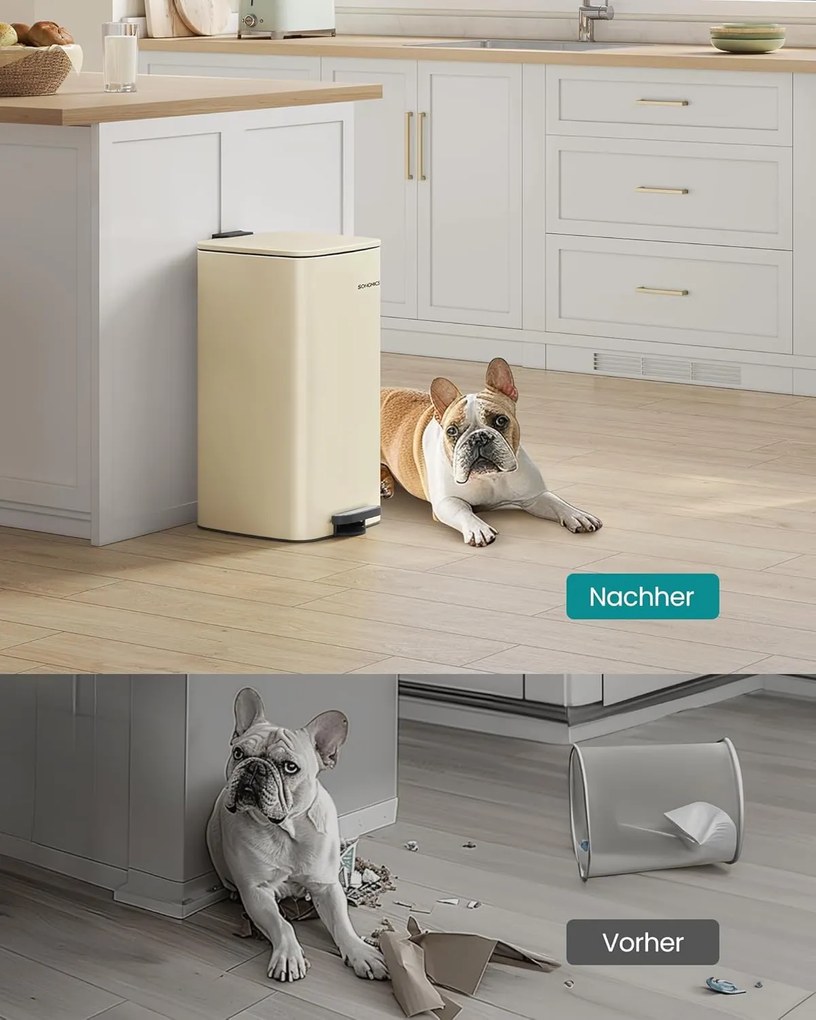 Konyhai szemetes, 30 literes, pedálos kuka, acél, 28,5 x 28,3 x 49,5 cm, homokbézs