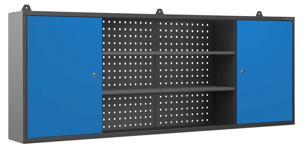 Függesztett műhelyszekrény perforált táblával, antracit-kék, 1600x600x200 mm: LEO