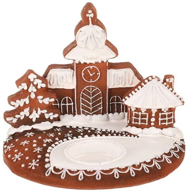 Gingerbread candle holder with church - polyresin,brown and white