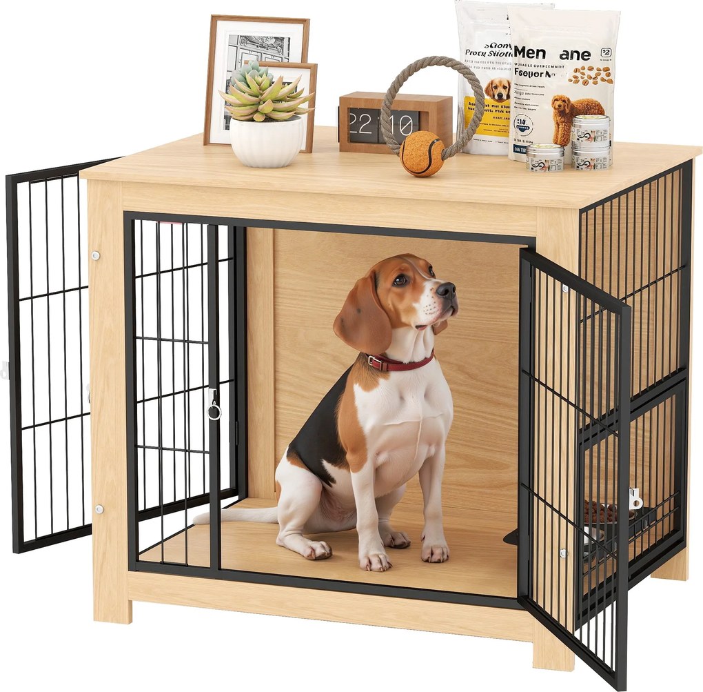 PawHut Modern Kutyaketrec Oldaltábla Háziállat Ház 2 Ajtóval Forgatható Állvánnyal és 2 Tálkával Közepes Kutyák számára 80x60x68 cm Tölgy | Aosom