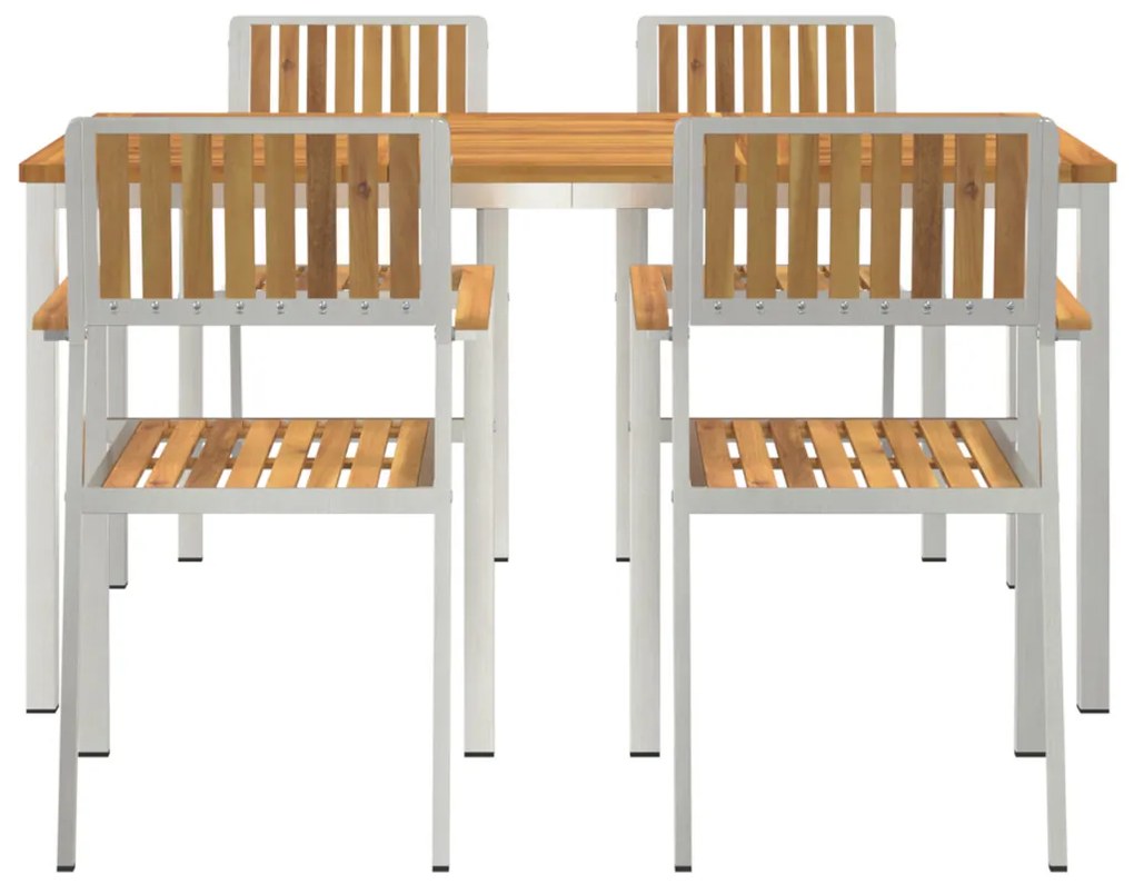 5 darabos Kert Étkező Garnitúra Tömör Akácfából, Kültéri Étkezőasztal 150x90x75 cm Tömör Akácfából, Összecsukható Kert Székek 4 db Tömör Akácfából és Fém