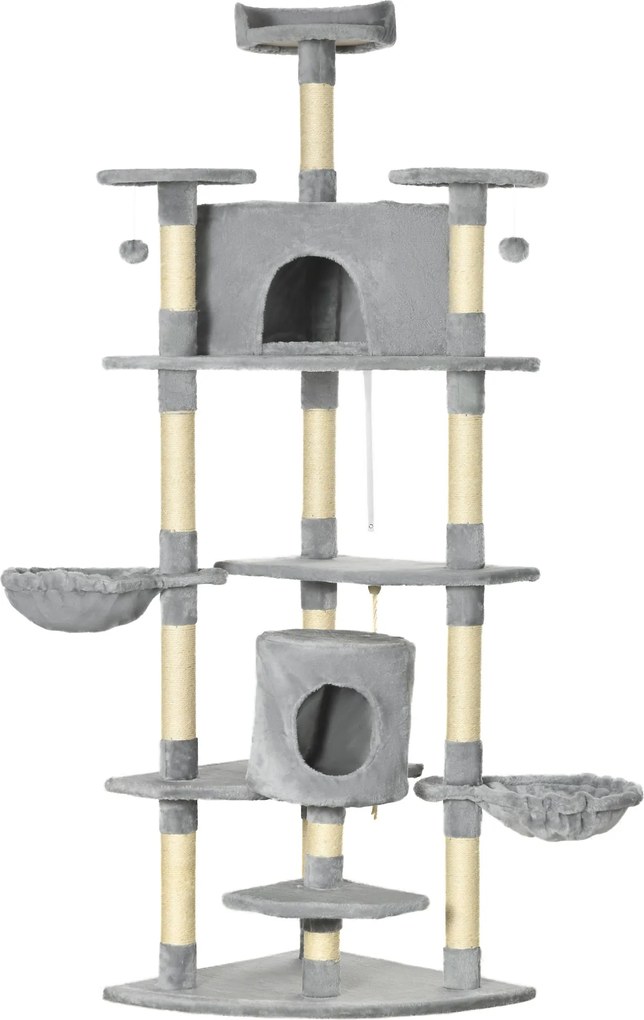 PawHut MacskaFa 200 cm-es Macska Tornyokkal, Barlanggal, 2 Játékgolyóval, Zsinegfákkal, Platformmal, Függőággyal, Több Szintes Macska Karcolófával, Má
