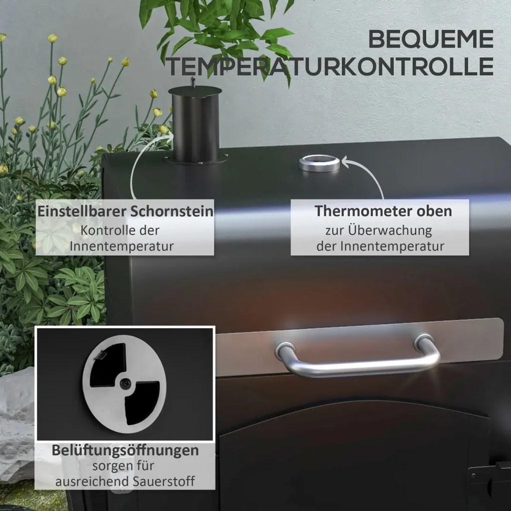 Outsunny Faszenes BBQ grillsütő, állítható faszéntároló rekesz, oldalsó polcok, fekete