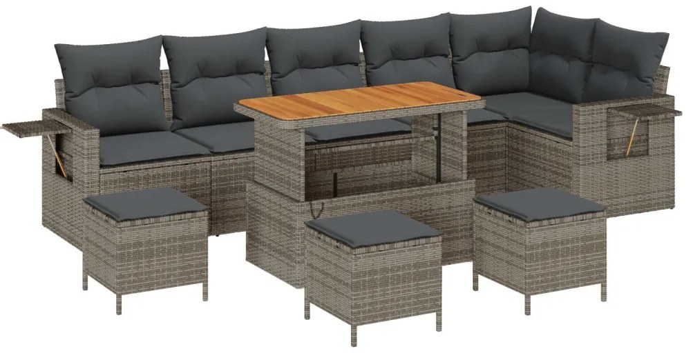 9 Részes Kerti Sofaszett Párnákkal Szürke Poli Rattan Akác, 3 Részes Kerti Étkezős Szett Párnákkal Szürke Poli Rattan Akác