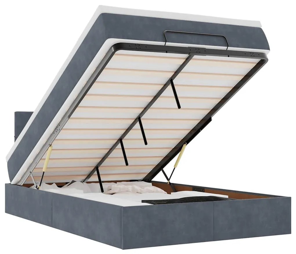 sötétszürke bársony ottomán ágy matraccal &amp; LED-ek 120x190cm