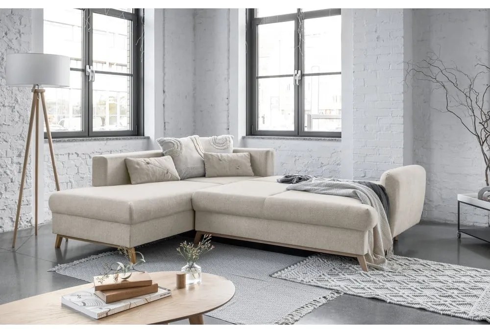 Bézs kinyitható-tárolóhelyes sarokkanapé (bal oldali-L alakú) Scandic Lagom – Miuform