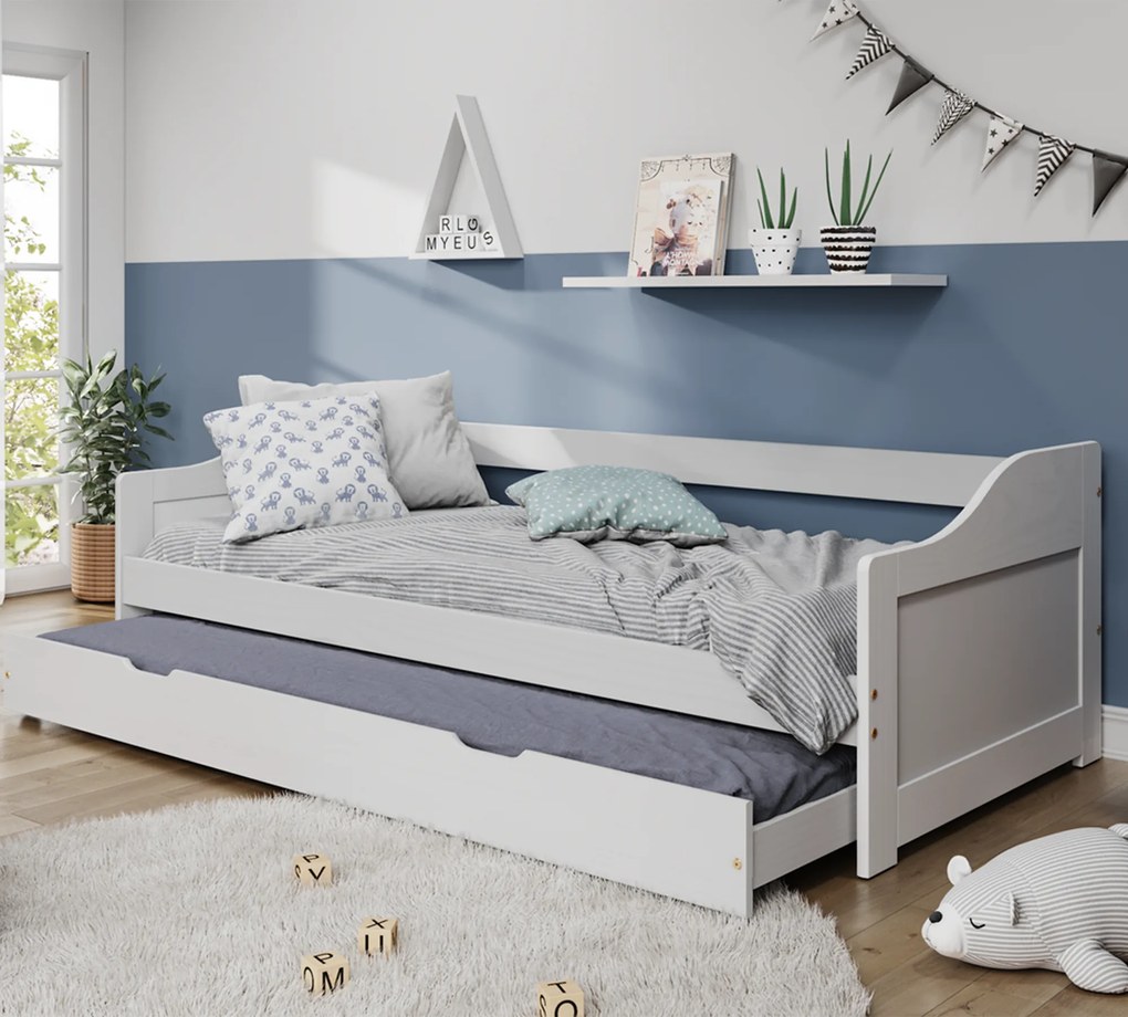 Ágy kihúzható pótággyal, fehér, tömörfa, 90x200, LAURA NEW