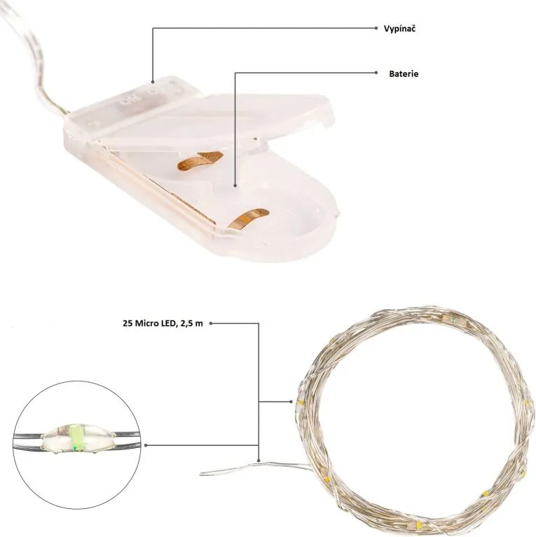 VOLTRONIC® LED lánc 10x 25 LED Hideg fehér + elem