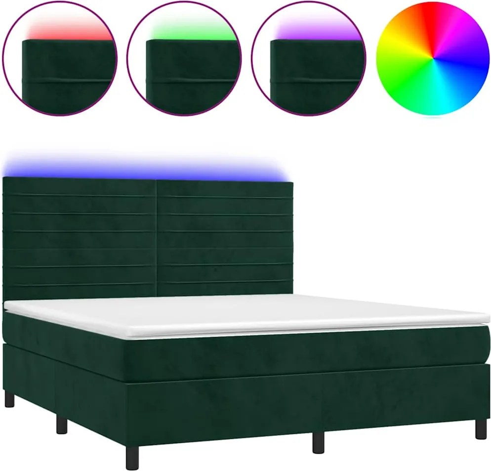 vidaXL sötétzöld bársony rugós és LED-es ágy matraccal 160x200 cm