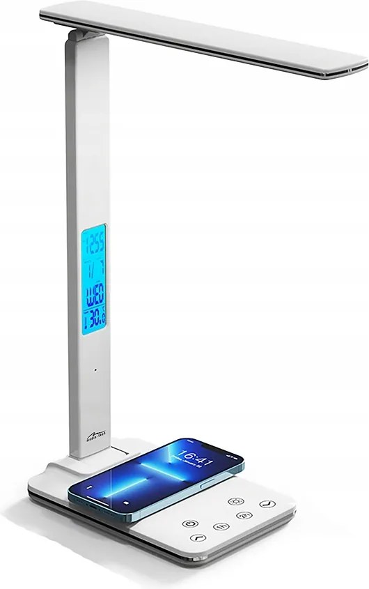 Fehér Led Asztali Lámpa Indukciós Töltővel Óra Ébresztőóra Hőmérő