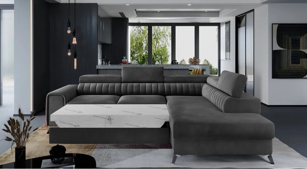 Sötétszürke bársony kinyitható-tárolóhelyes sarokkanapé (jobb oldali-L alakú) Laurence – ELTAP