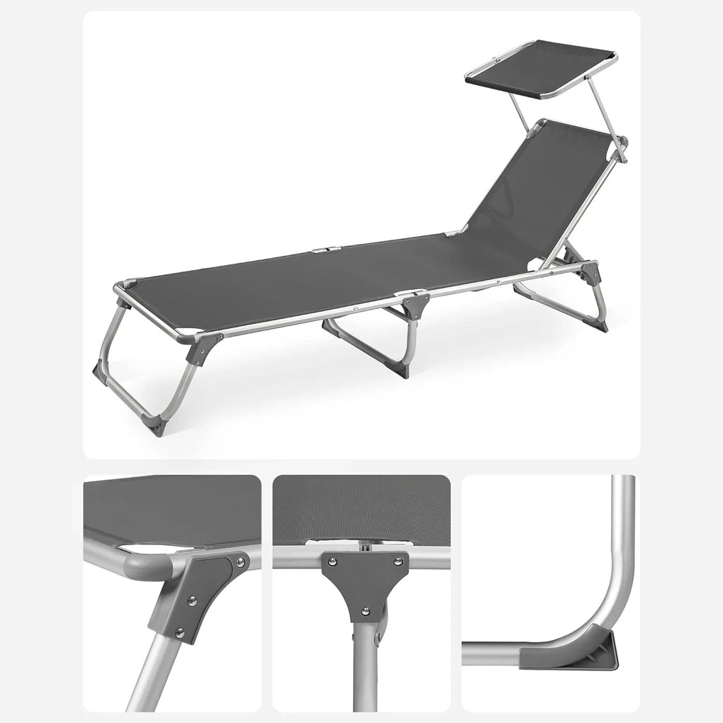 Napozóágy 55x193x31 cm, állítható napozóágy napellenzővel, füstszürke