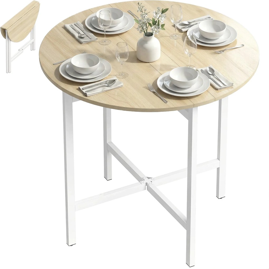 HOMCOM kör alakú összecsukható étkezőasztal 2–4 főre, helytakarékos lehajtható asztal acélvázzal, natúr fa/fehér, 80 x 80 x 76 cm | Aosom