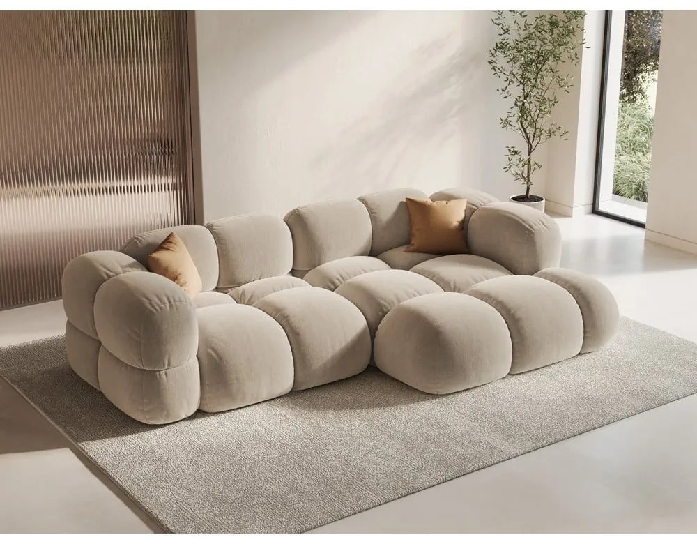 Bézs bársony sarokkanapé (jobb oldali-heverő résszel) Loretto – Cosmopolitan Design