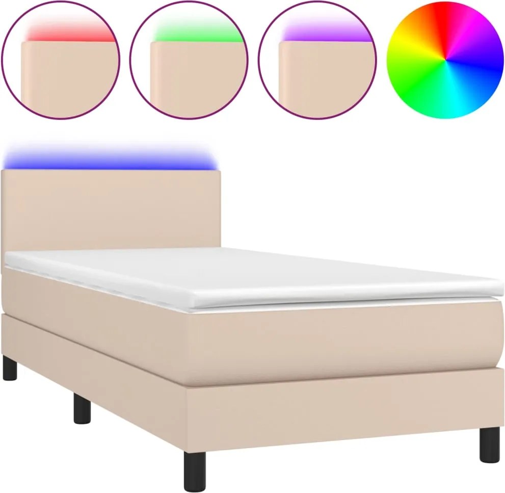 vidaXL cappuccino színű műbőr rugós ágy matraccal és LED-del 90x200 cm