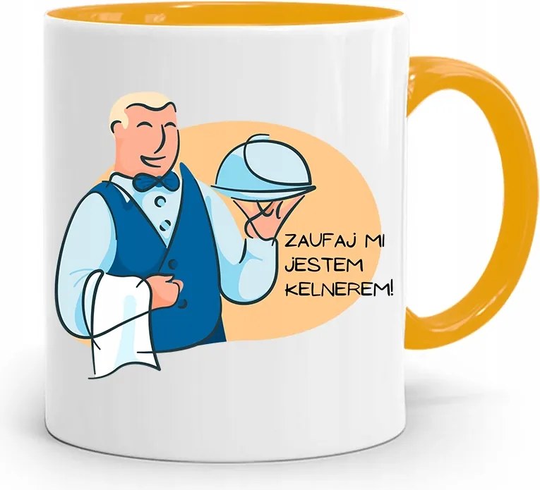 Pincérnek Sárga Bögre Bízz Bennem Pincér Vagyok, fényképes nyomattal