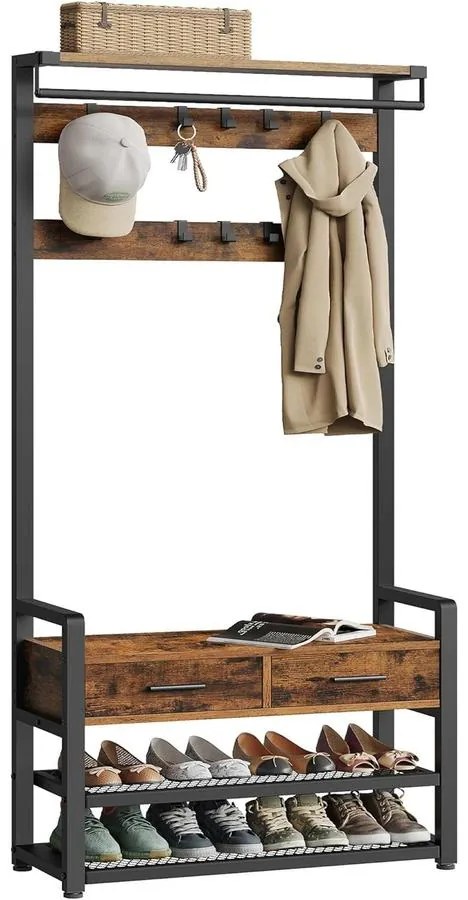 Előszobafal ülőkével, cipőtárolóval,szövetfiókkal,30 x 80,4 x 181,6 cm, rusztikus barna/fekete