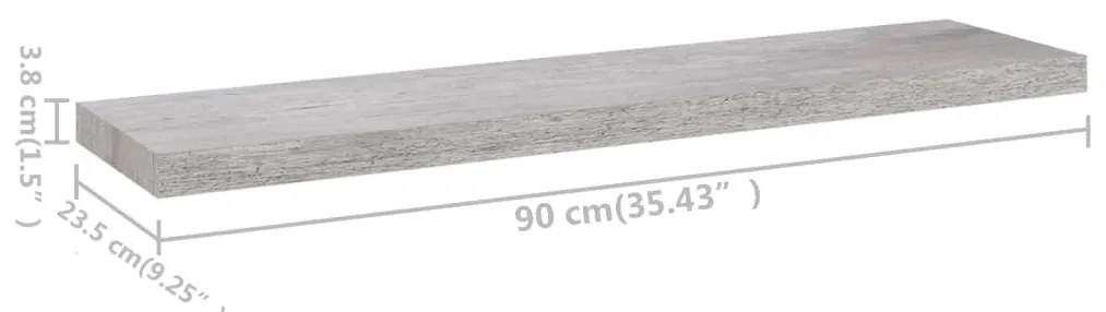 2 db betonszürke MDF lebegő fali polc 90 x 23,5 x 3,8 cm