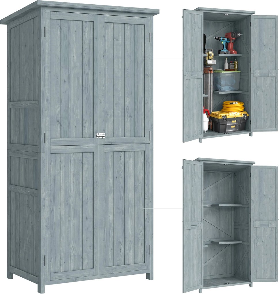 Outsunny fenyő kerti tárolószekrény, 2 zárható ajtó, 2 polc, 10 kampó, vízálló tető, 85×54×170 cm | Aosom