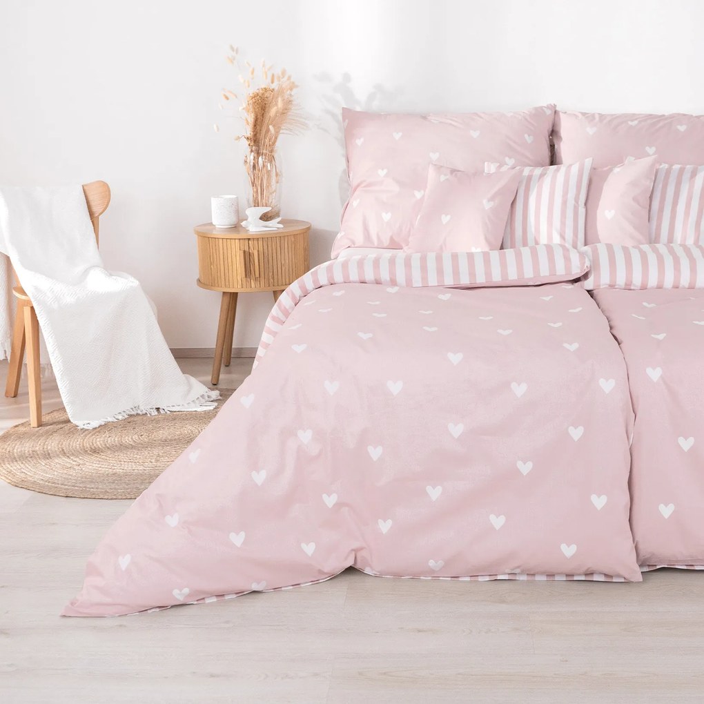 Goldea pamut ágyneműhuzat - szívecskék, púderrózsaszín csíkos hátoldal 240 x 220 és 2db 70 x 90 cm