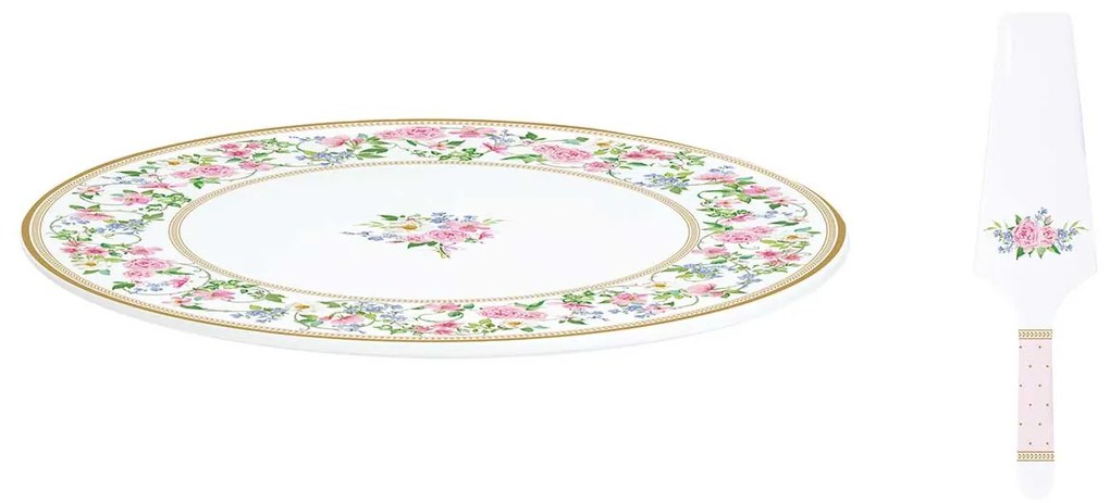 Rózsás porcelán tortatál lapáttal 32cm Garden Joy