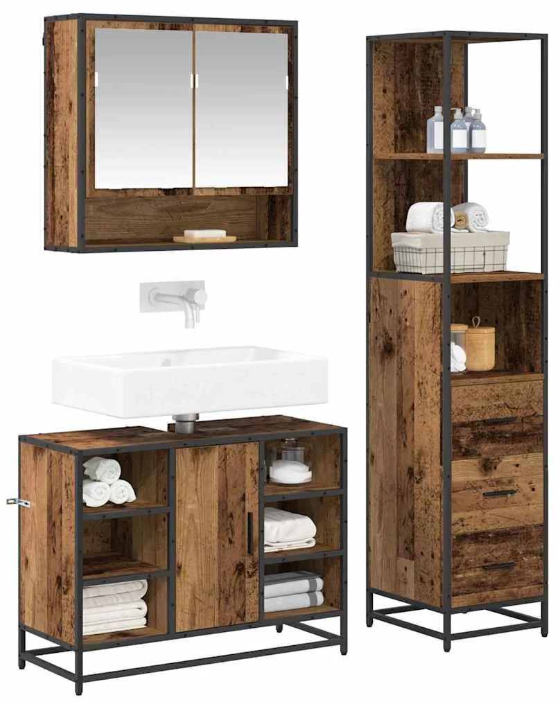 Fürdőszoba bútor szett fiókkal 3 pcs Régi fa 35 x 37.5 x 166 cm