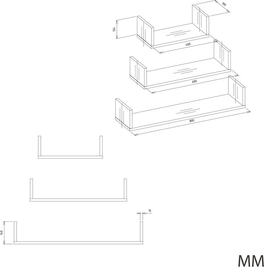 MOBI 3P fali polcok 80/60/40x20x14 cm, antracit (3 részes)