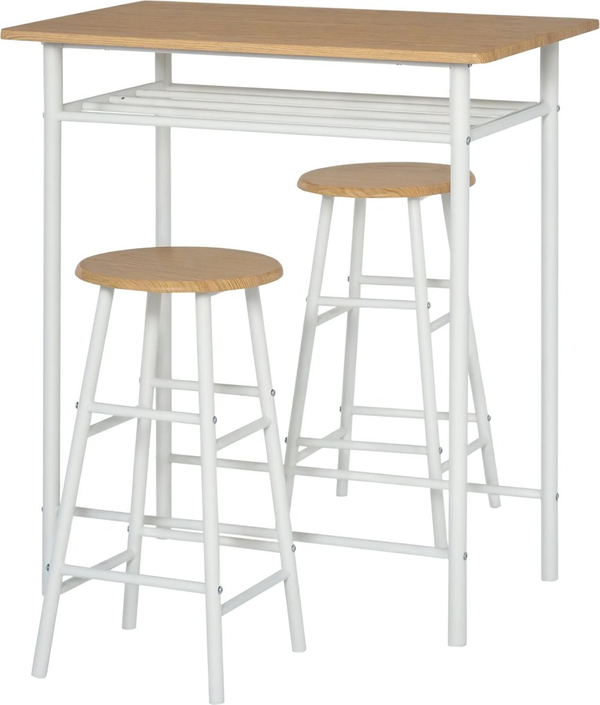 HOMCOM Bárasztal Szett 2 Stílussal Bárasztallal és 2 Bárszékkel - Konyhai Asztal Tároló Polccal, Fehér | Aosom