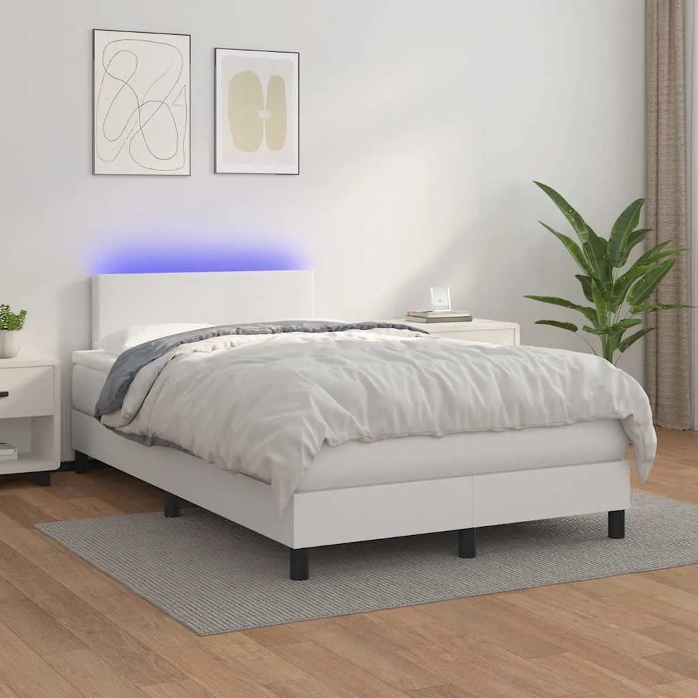 fehér műbőr rugós és LED-es ágy matraccal 120x190 cm
